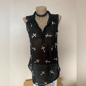 2010 Tumblr Vibes Sheer Top with Cross Design & Buttons